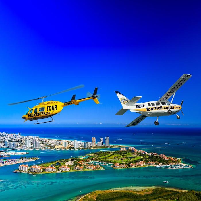 Helicopter flying over the Miami coast